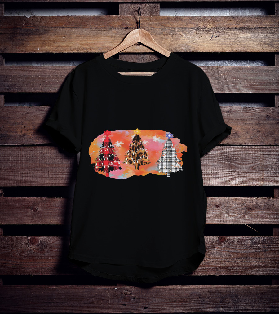 Plaid And Lights Christmas Trees With Stars On Watercolor Background T-Shirt