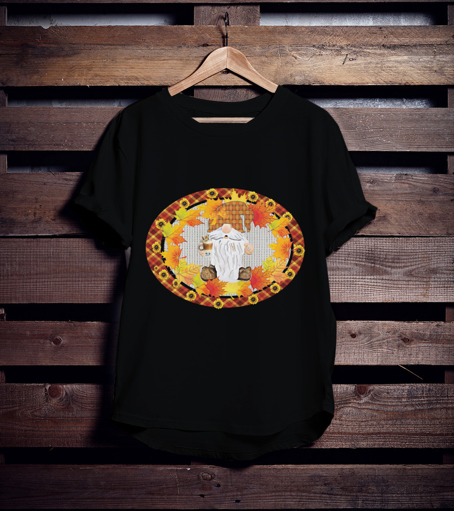Fall Gnome With Coffee Mug Surrounded By Autumn Leaves And Sunflowers T-Shirt