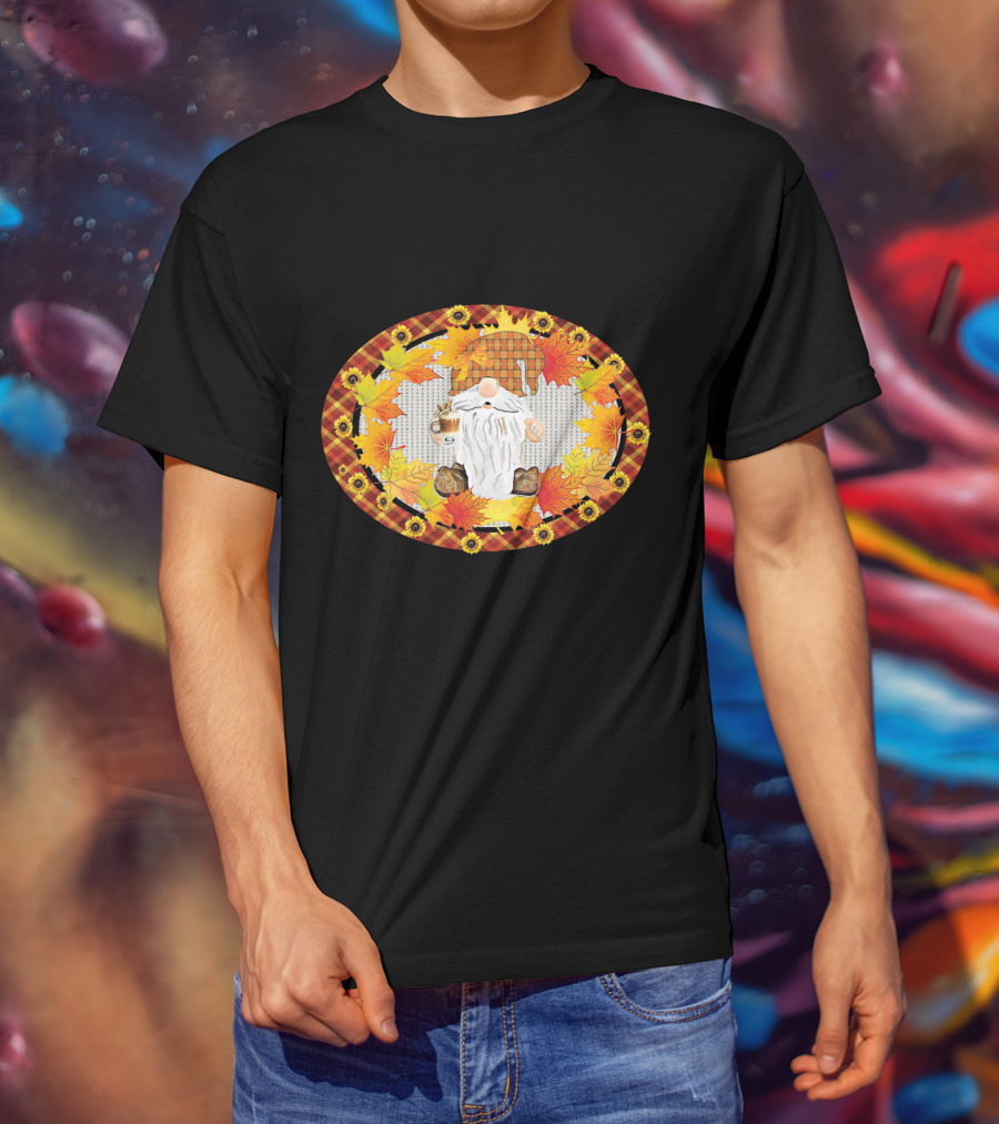 Fall Gnome With Coffee Mug Surrounded By Autumn Leaves And Sunflowers T-Shirt
