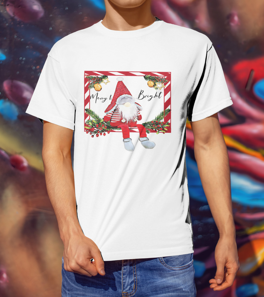 Merry And Bright Gnome Candy Cane Christmas Holiday T-Shirt
