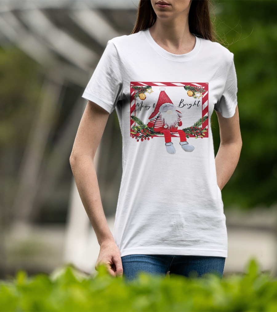 Merry And Bright Gnome Candy Cane Christmas Holiday T-Shirt