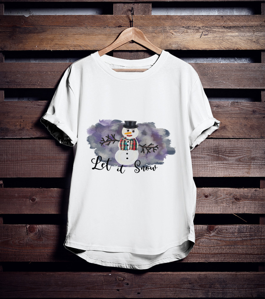 Let It Snow Hand Drawn Snowman Plaid Scarf Top Hat T-Shirt