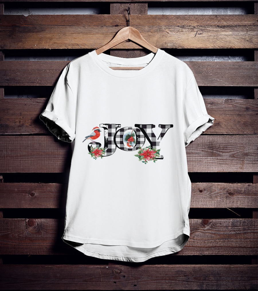 Plaid Joy Cardinal Poinsettia Christmas T-Shirt