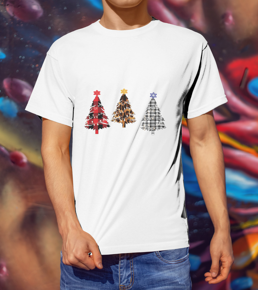 Buffalo Plaid Leopard Tartan Christmas Trees T-Shirt