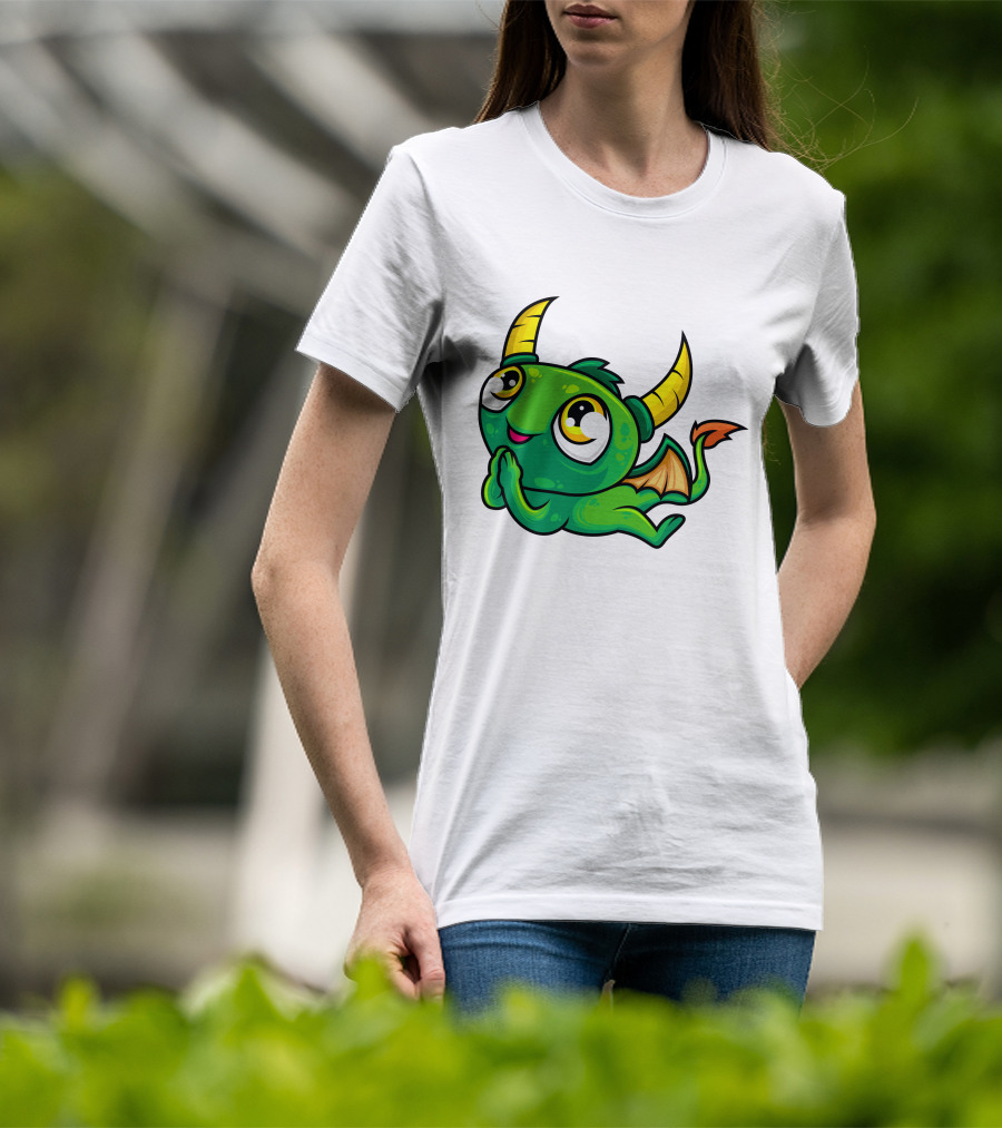 Cute Green Dragon Kawaii Cartoon Character With Horns And Wings T-Shirt