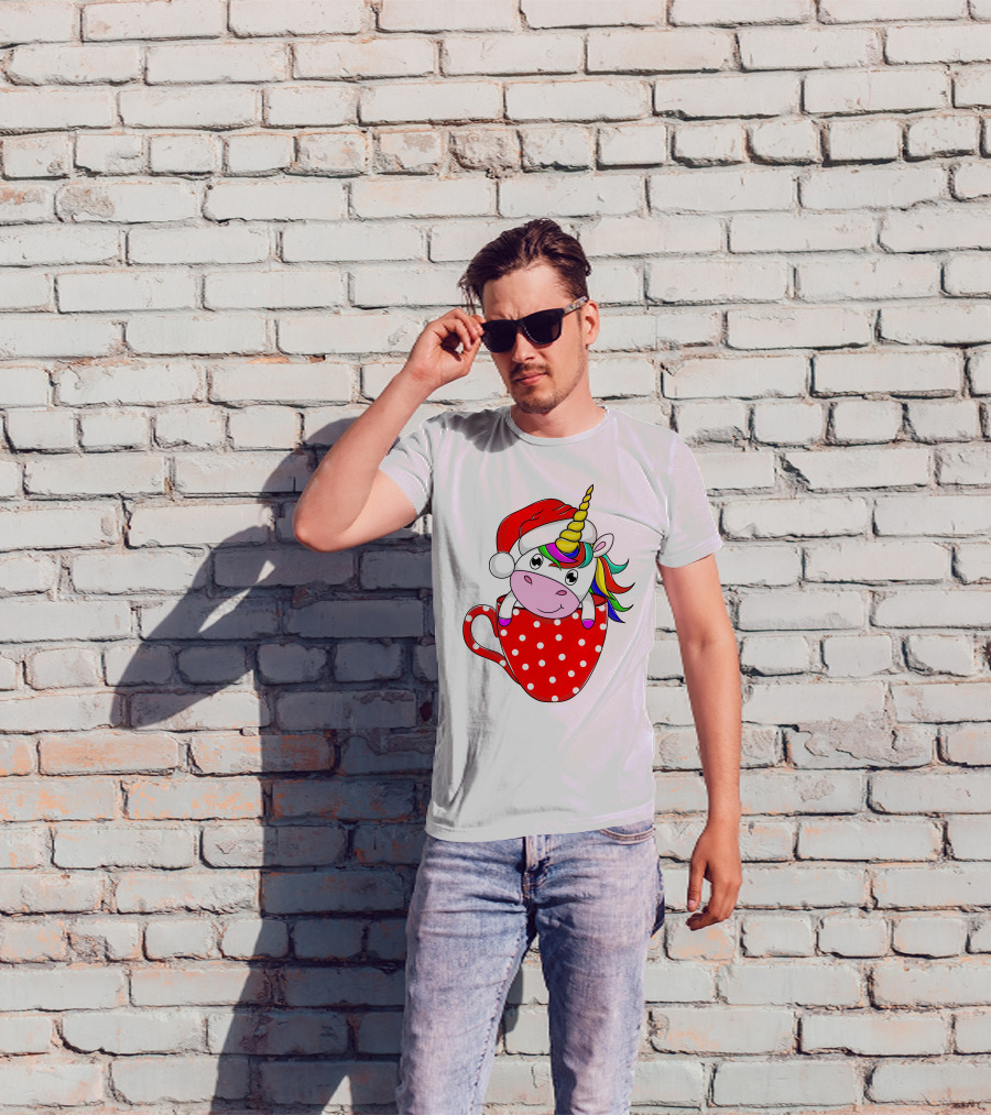 Santa Hat Unicorn In Polka Dot Red Cup T-Shirt