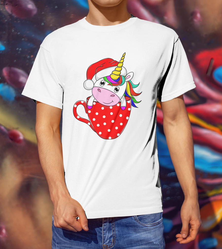 Santa Hat Unicorn In Polka Dot Red Cup T-Shirt