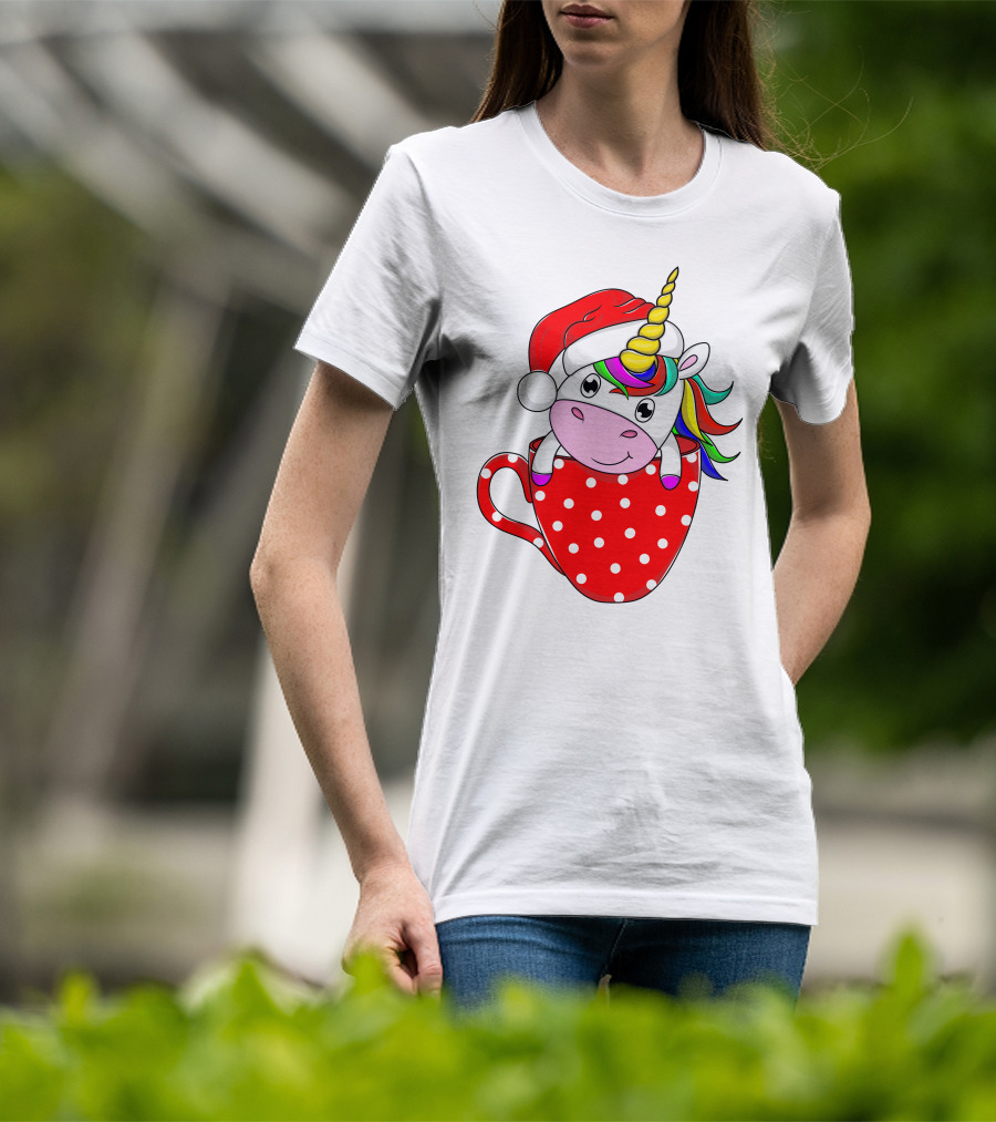 Santa Hat Unicorn In Polka Dot Red Cup T-Shirt