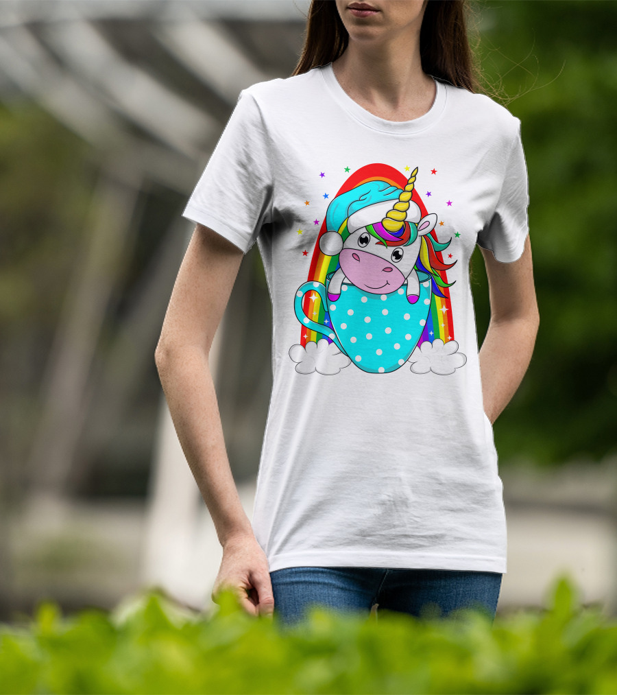 Unicorn In Polka Dot Blue Cup With Rainbow And Stars T-Shirt