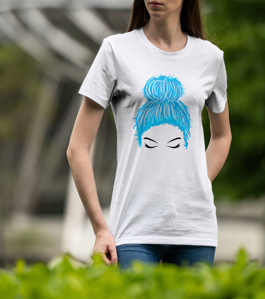 Messy Bun Blue Hair Momlife Trendy Hairstyle Sketch T-Shirt