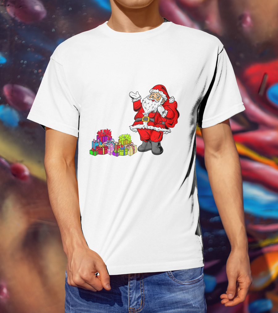Santa Claus Joyfully Delivering Colorful Presents T-Shirt