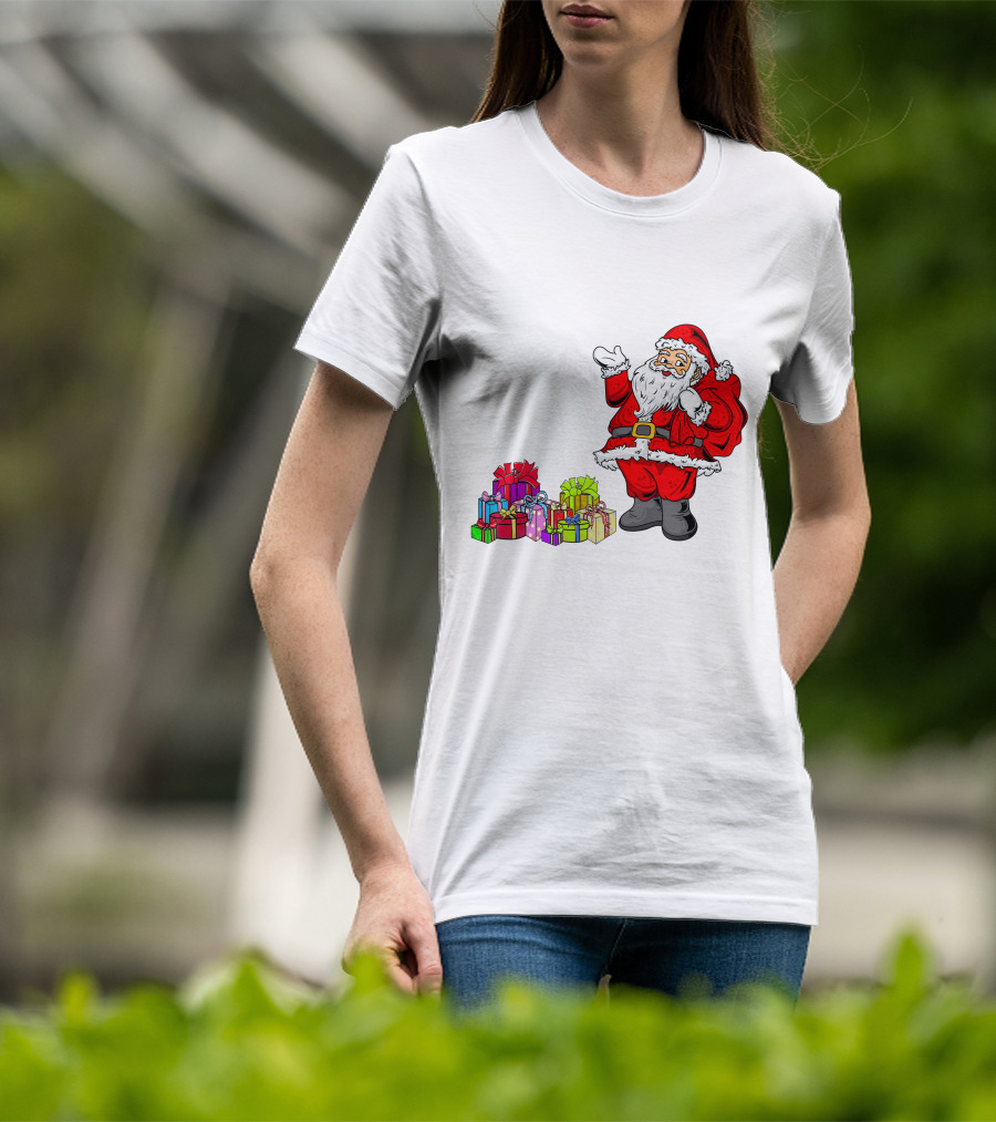Santa Claus Joyfully Delivering Colorful Presents T-Shirt