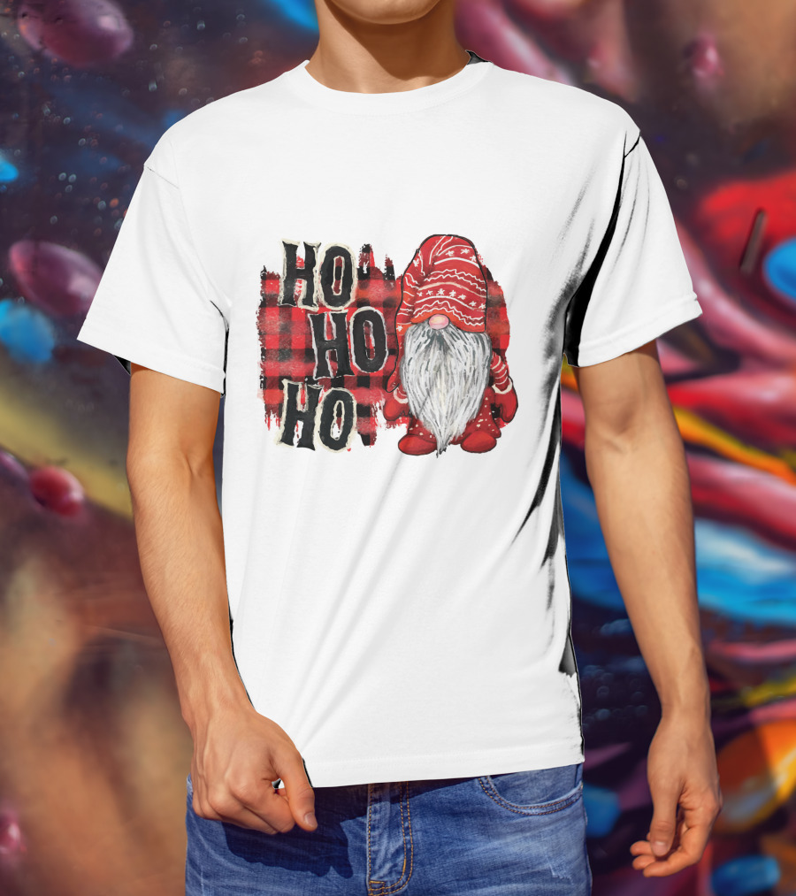 Watercolor Plaid Christmas Gnome Ho Ho Ho Red Holiday T-Shirt