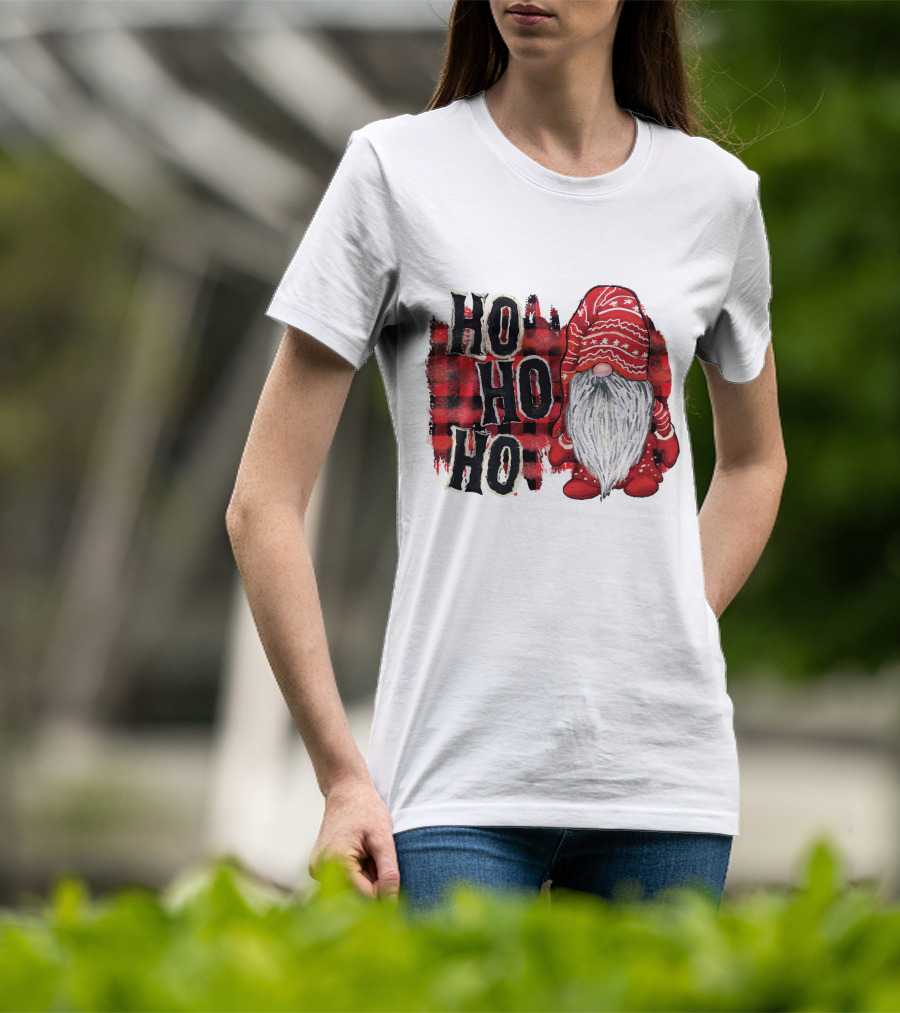 Watercolor Plaid Christmas Gnome Ho Ho Ho Red Holiday T-Shirt