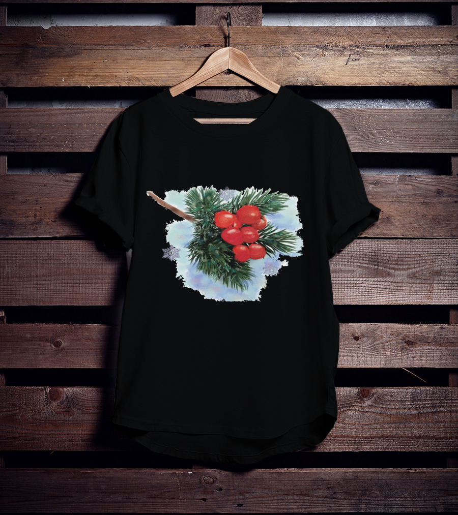 Watercolor Holiday Christmas Holly Berries Branch Pine Needles T-Shirt