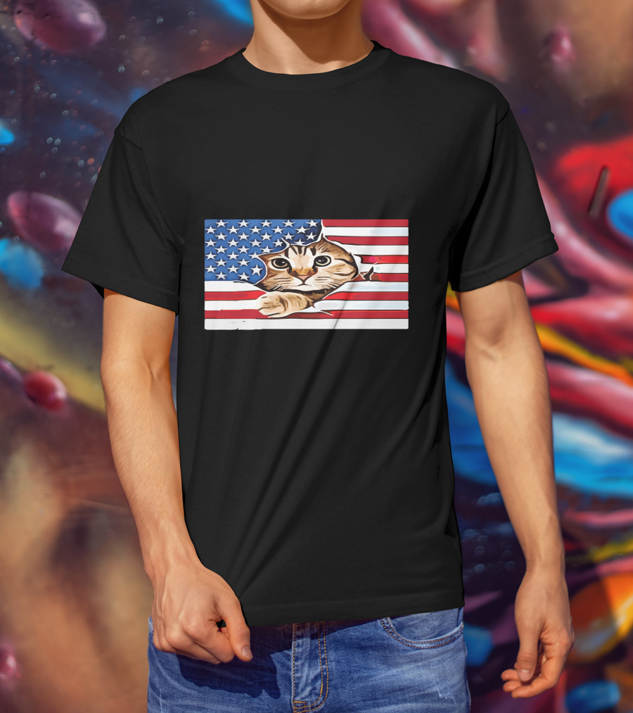 Cat Peeking Through American Flag T-Shirt