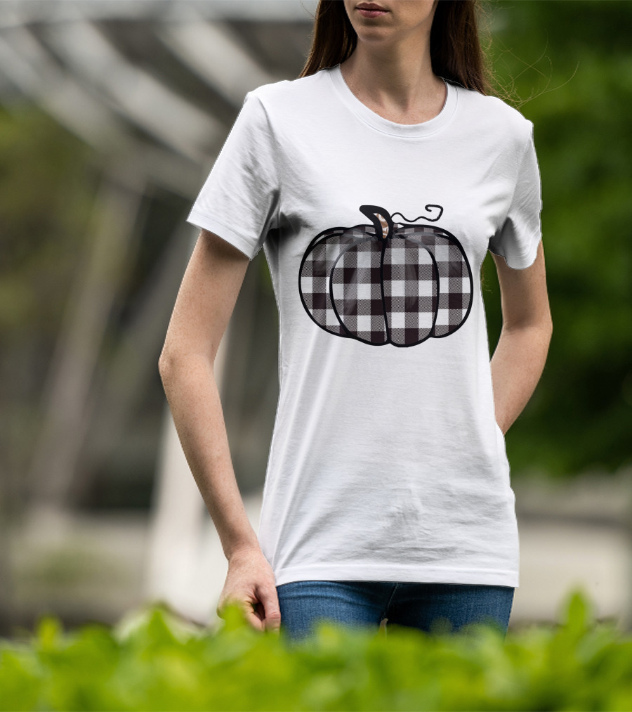 Buffalo Plaid Checkered Pumpkin White T-Shirt