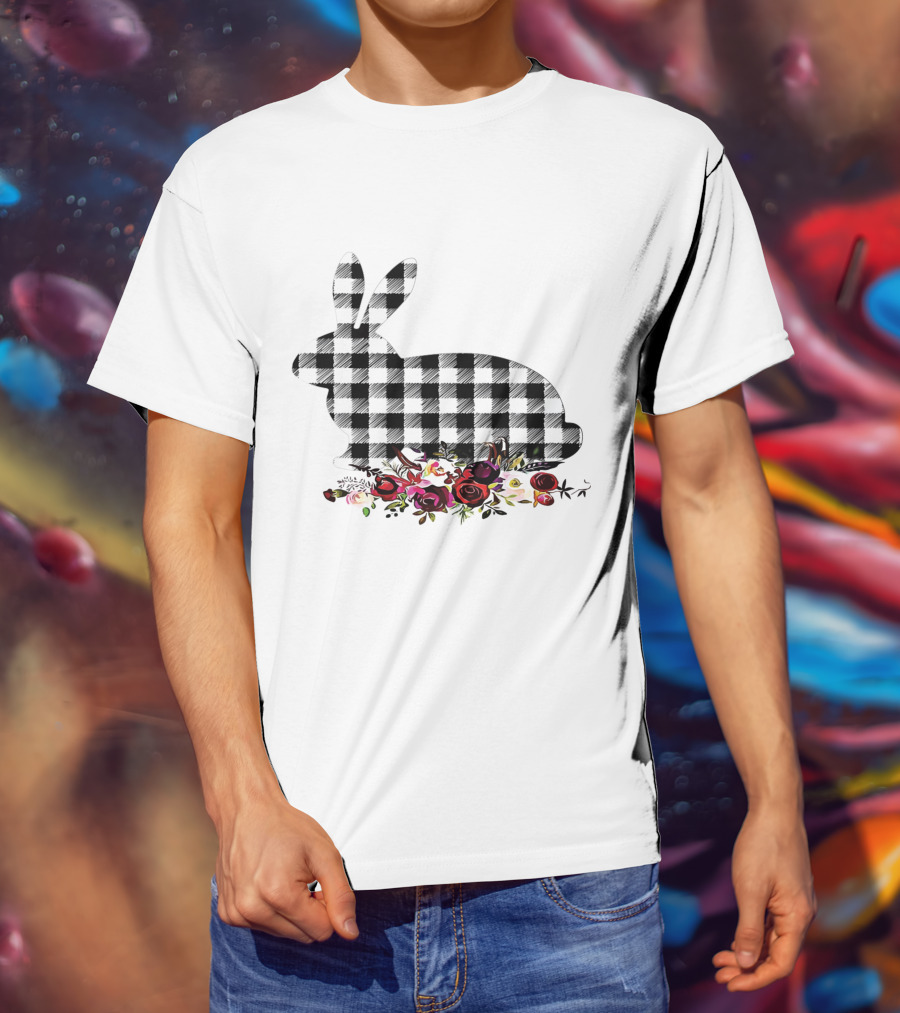 Bunny Black White Plaid Floral Roses T-Shirt