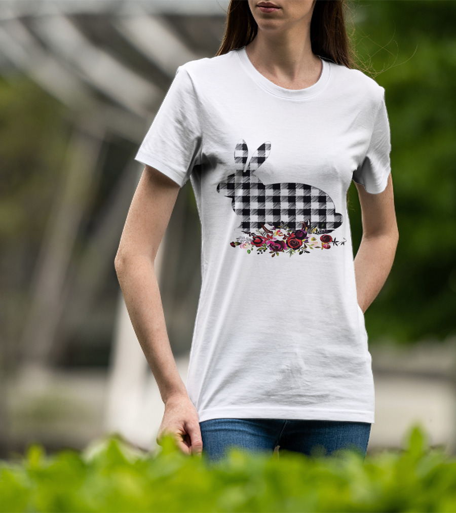 Bunny Black White Plaid Floral Roses T-Shirt