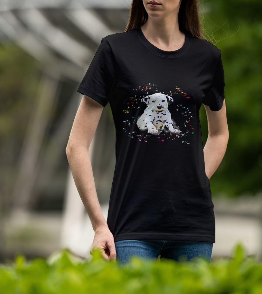 Dalmatian Puppy Surrounded By Splashes Of Colorful Snow T-Shirt