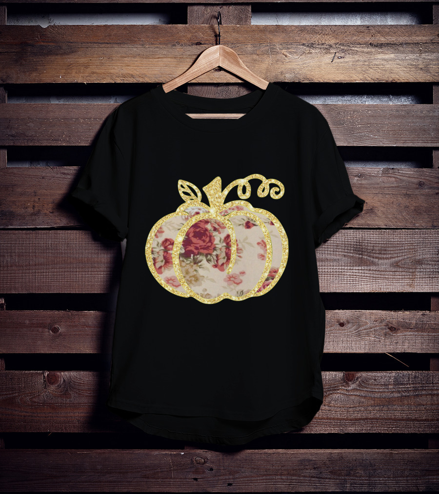Glitter Floral Pumpkin Gold Trim T-Shirt
