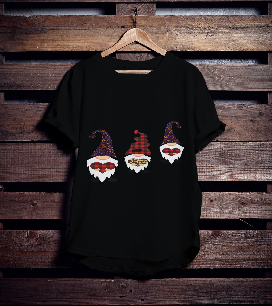 Valentine's Day Love Gnomes With Plaid And Leopard Hearts T-Shirt