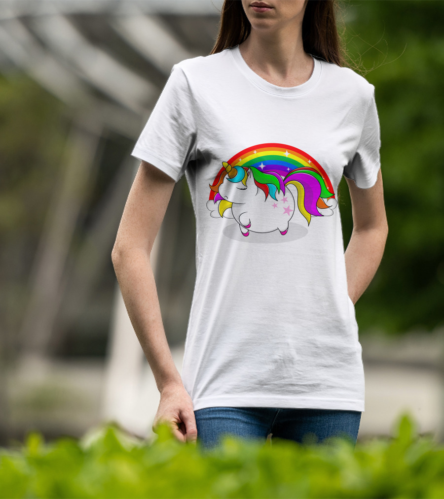 Cute Fat Unicorn With Rainbow Mane And Stars T-Shirt