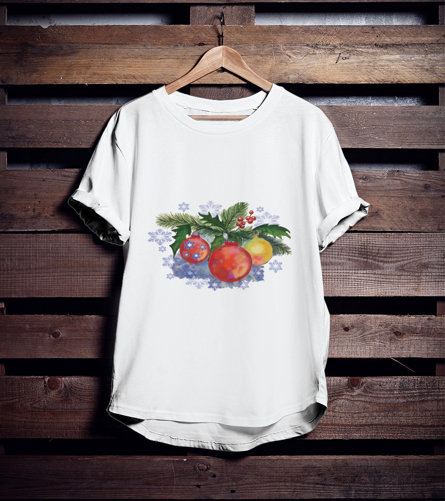 Watercolor Christmas Balls Ornaments With Pine Leaves And Snowflakes T-Shirt
