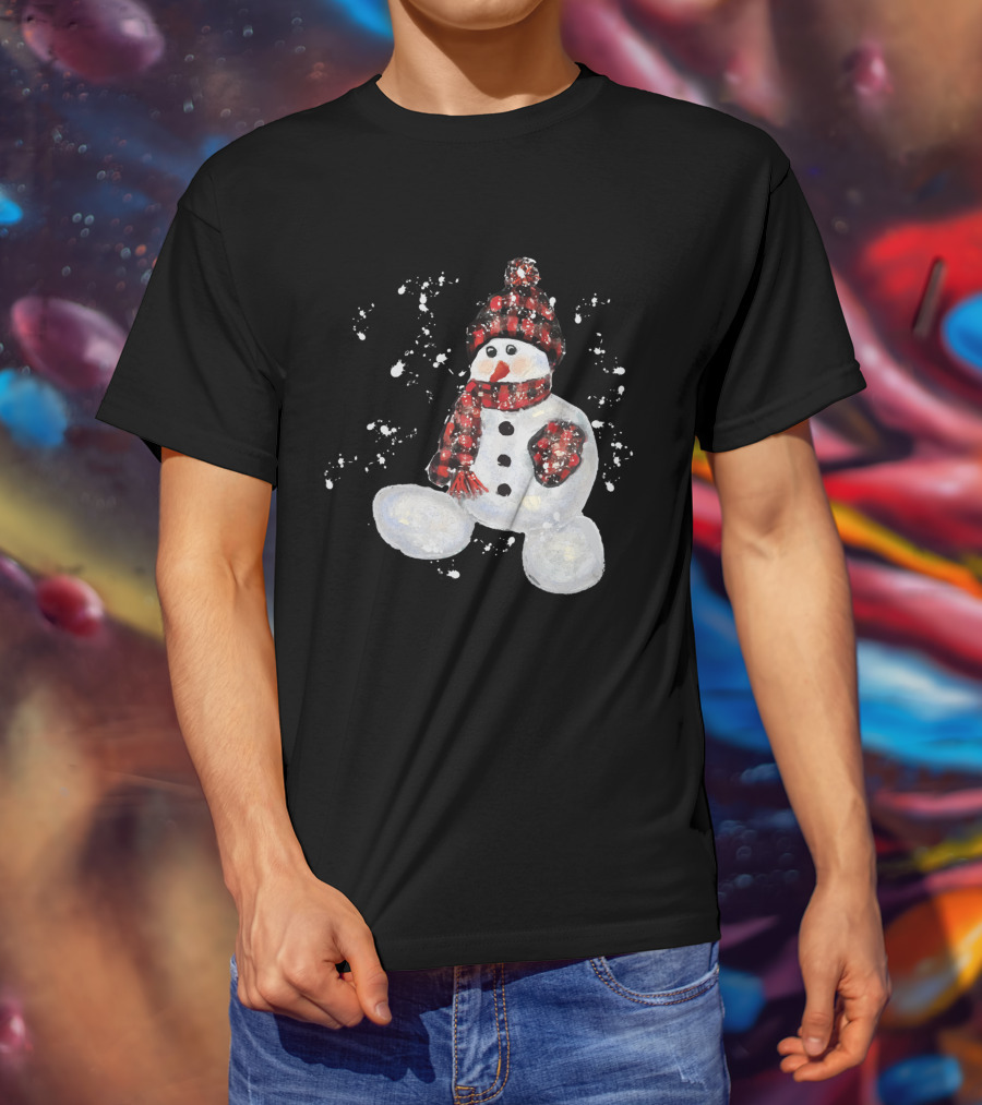 Watercolor Snowman Buffalo Plaid Hat And Scarf With Snowflakes T-Shirt