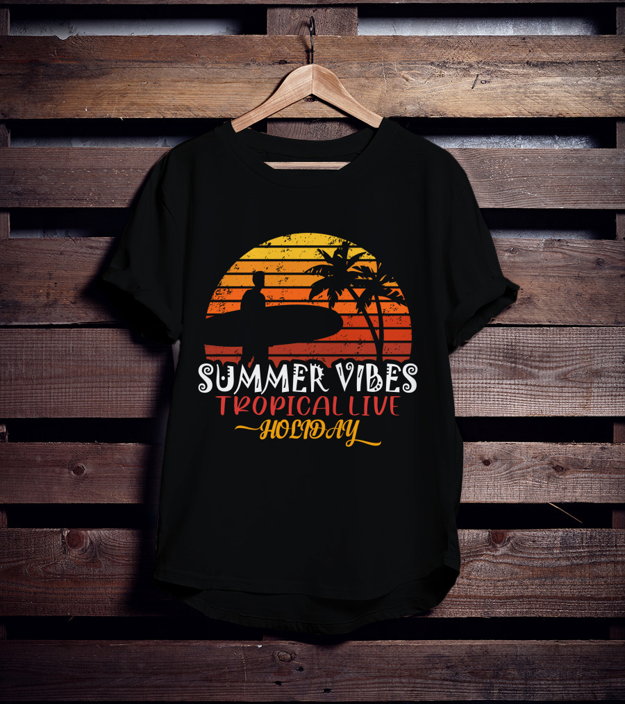 Summer Vibes Tropical Live Holiday Surfer Sunset Palms T-Shirt