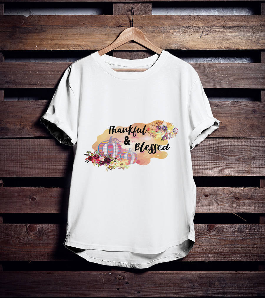 Thankful And Blessed Floral Watercolor Pumpkins T-Shirt