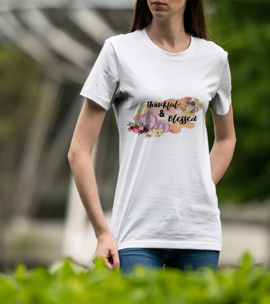 Thankful And Blessed Floral Watercolor Pumpkins T-Shirt