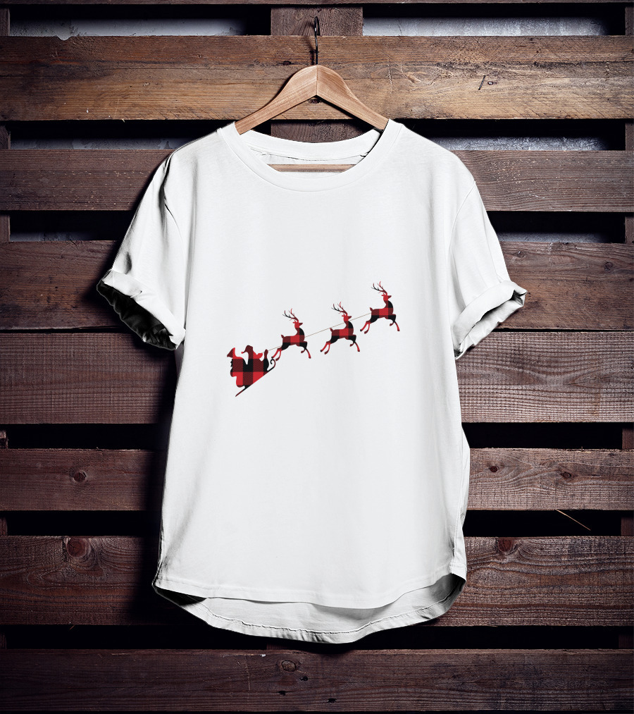Buffalo Plaid Santa's Sleigh And Reindeers T-Shirt