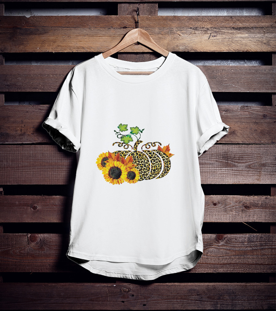 Thanksgiving Leopard Pumpkin Sunflowers And Leaves T-Shirt