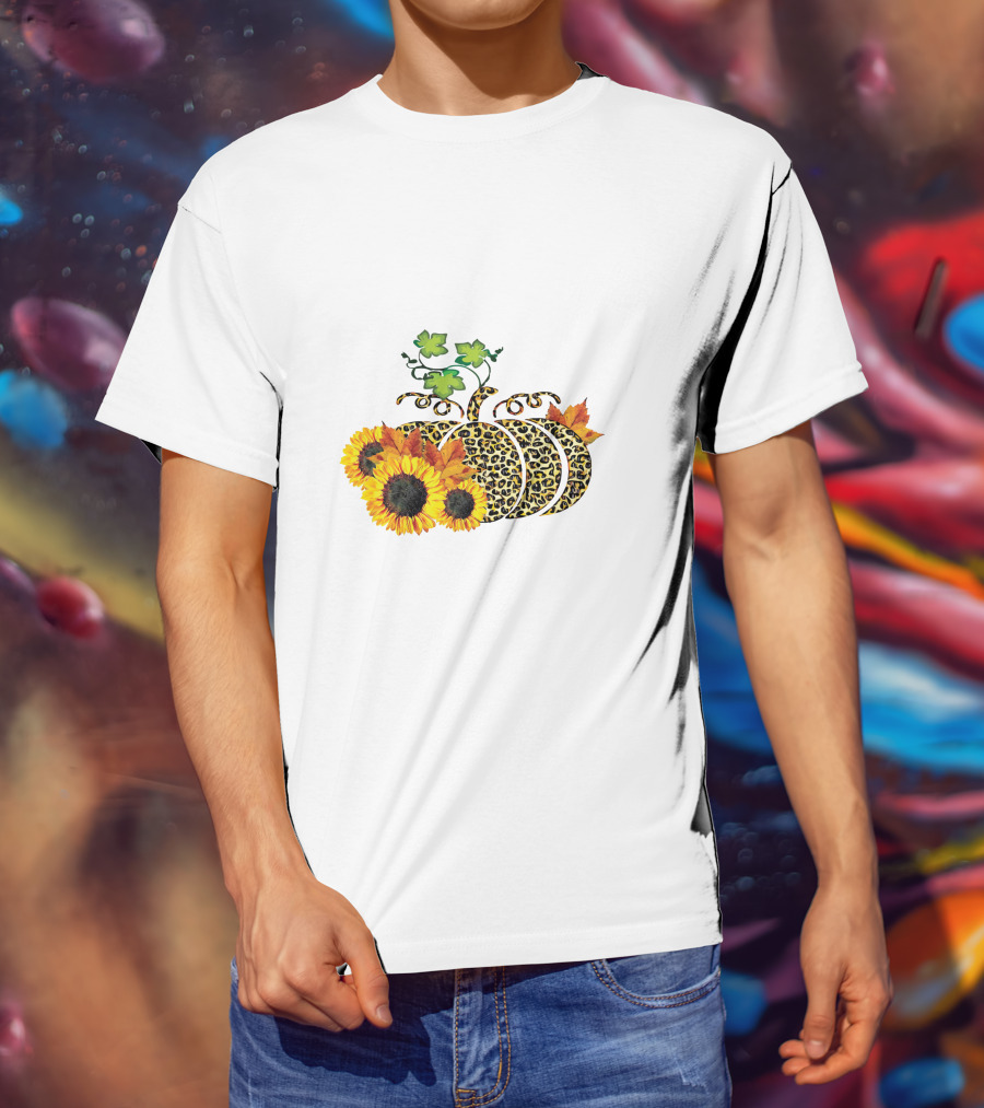 Thanksgiving Leopard Pumpkin Sunflowers And Leaves T-Shirt