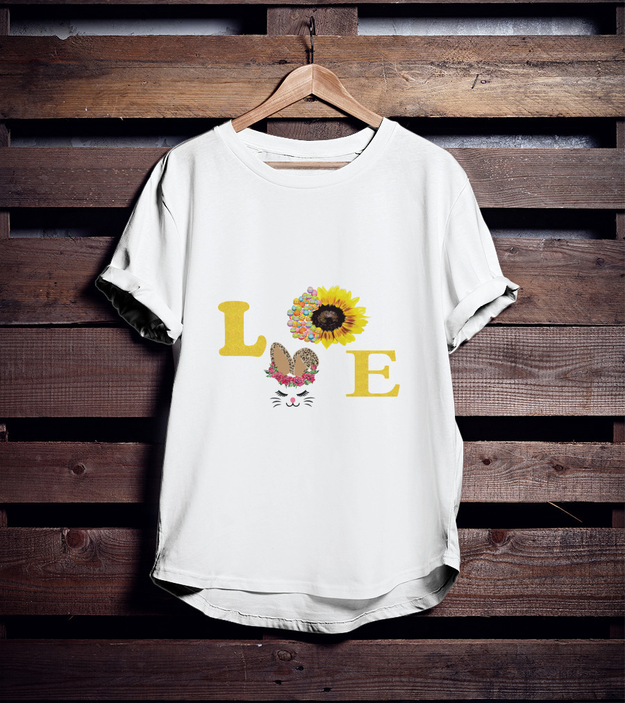 Love Sunflower Bunny With Floral Ears And Cheetah Print Bow T-Shirt