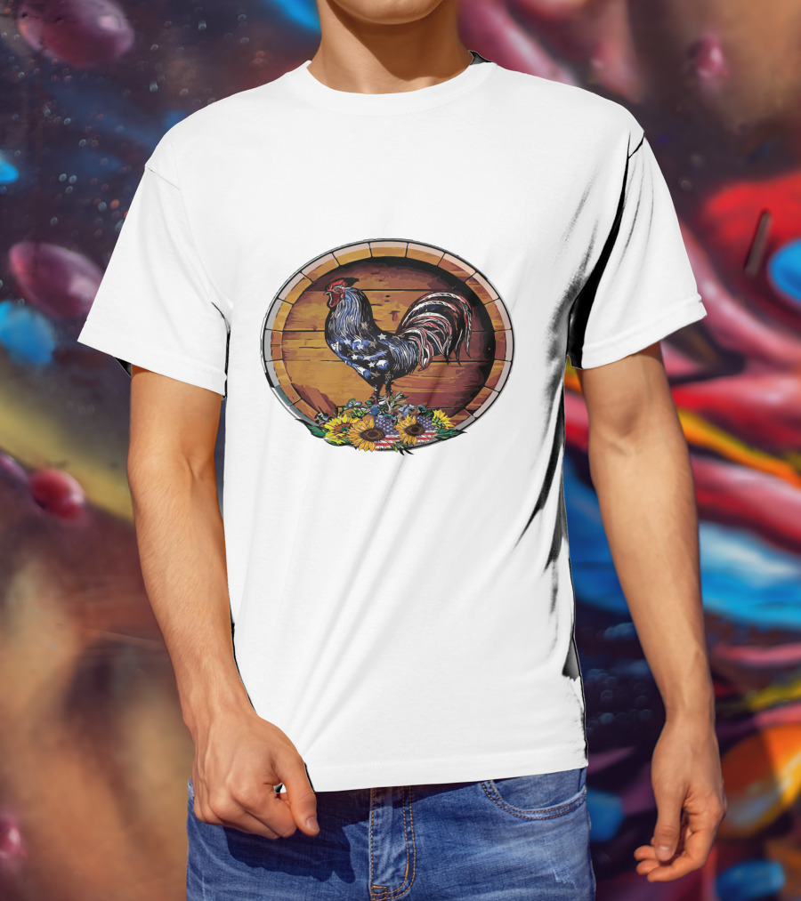 USA Rooster On Wine Barrel With Sunflowers T-Shirt