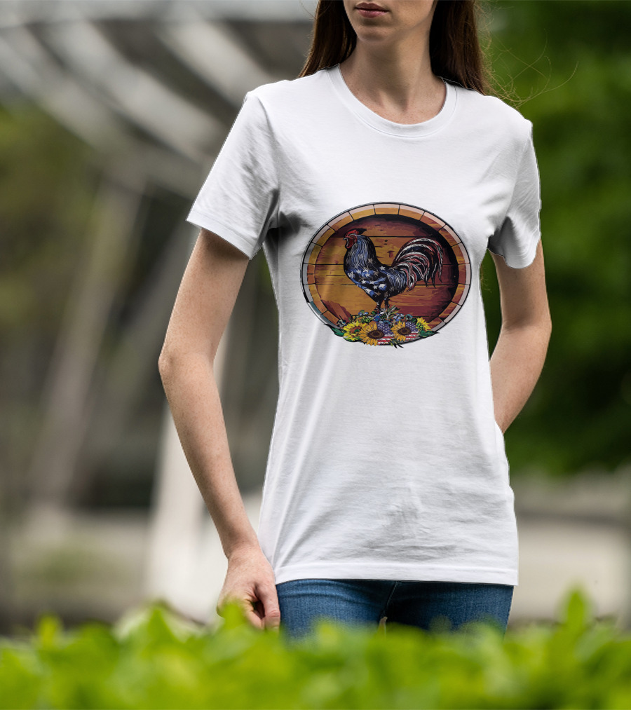 USA Rooster On Wine Barrel With Sunflowers T-Shirt