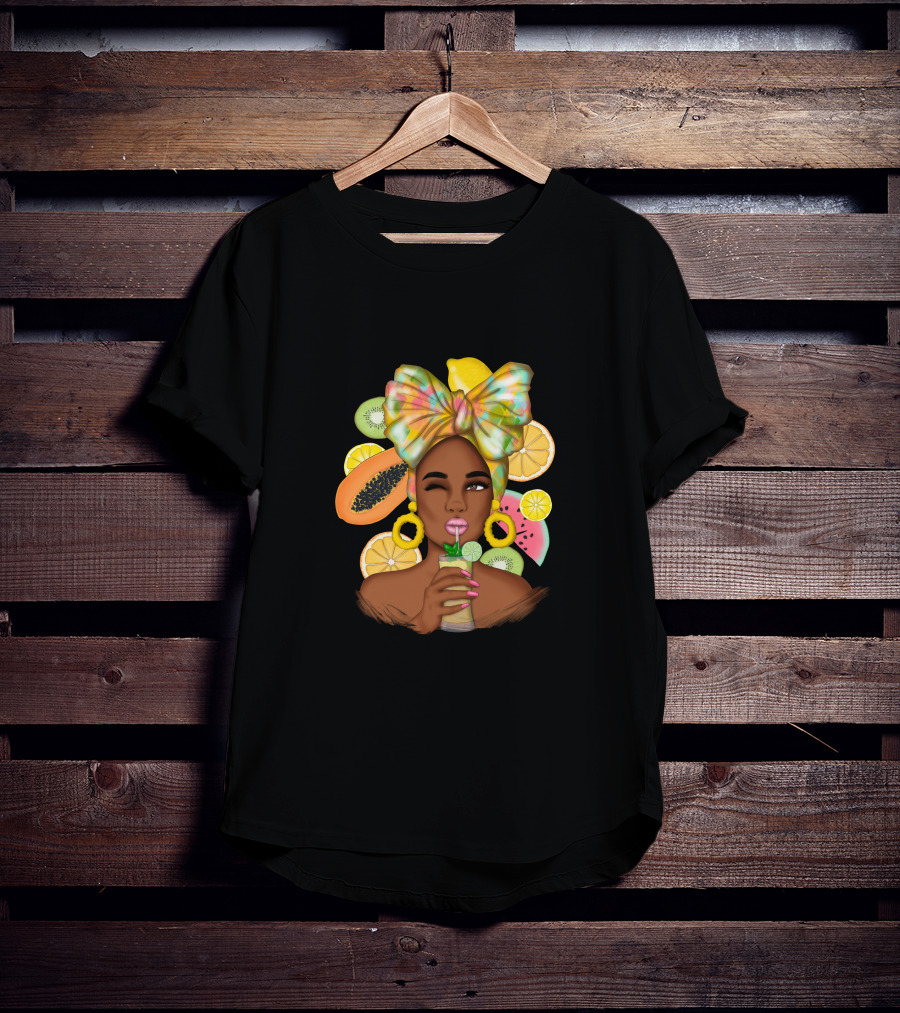Fruit Design Afro Woman With Colorful Headwrap And Tropical Fruits T-Shirt