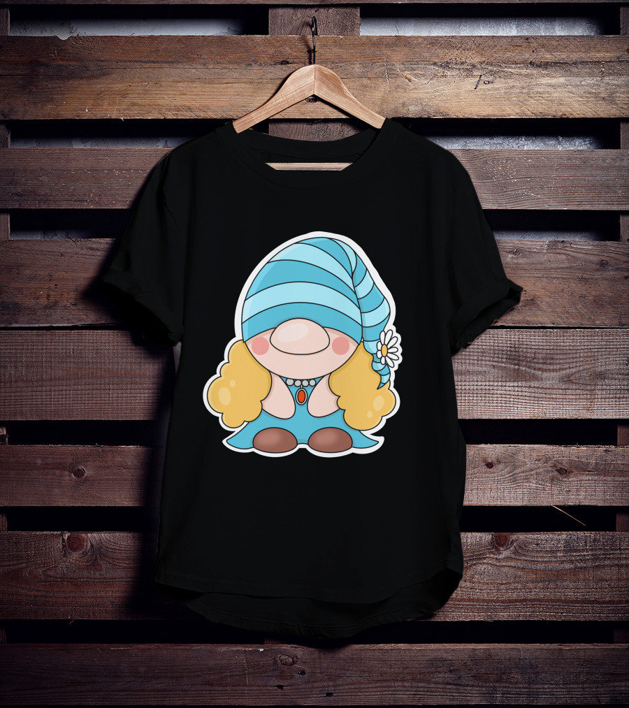 Gnome Sticker Blue Hat Daisy Blonde Hair Cute Comic T-Shirt