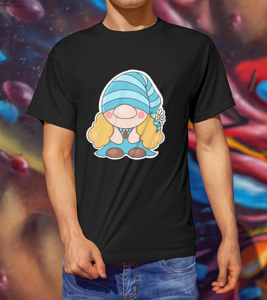 Gnome Sticker Blue Hat Daisy Blonde Hair Cute Comic T-Shirt