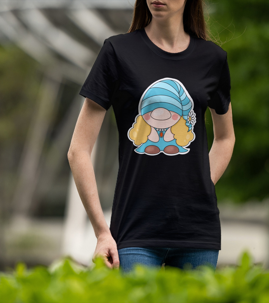 Gnome Sticker Blue Hat Daisy Blonde Hair Cute Comic T-Shirt