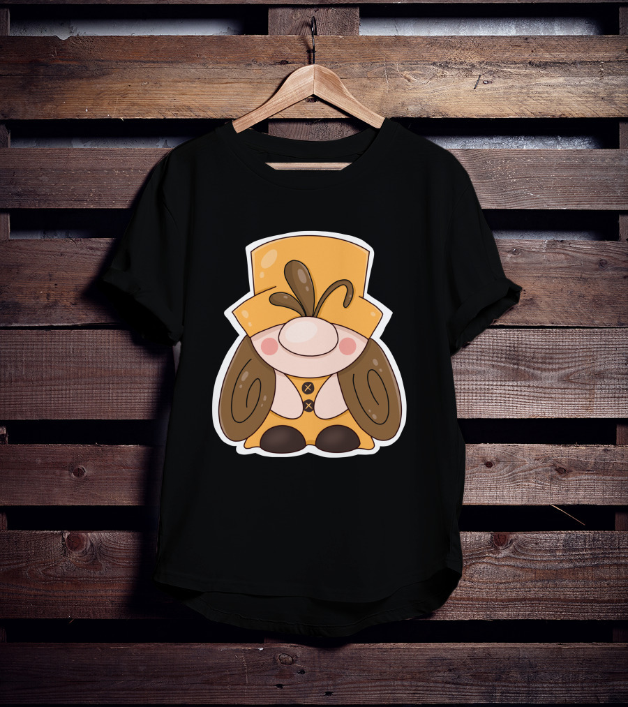 Gnome Vibes Whimsical Yellow Hat Brown Twirls T-Shirt