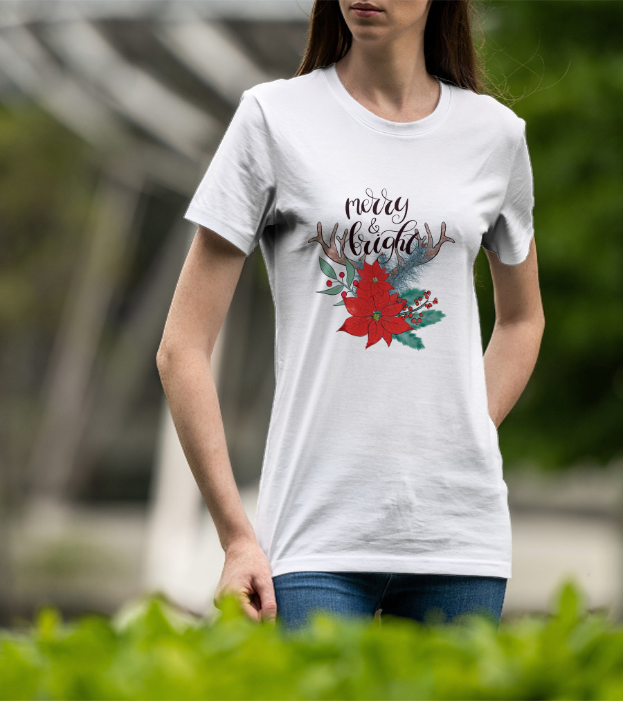 Merry And Bright Antler Poinsettia Christmas Florals T-Shirt
