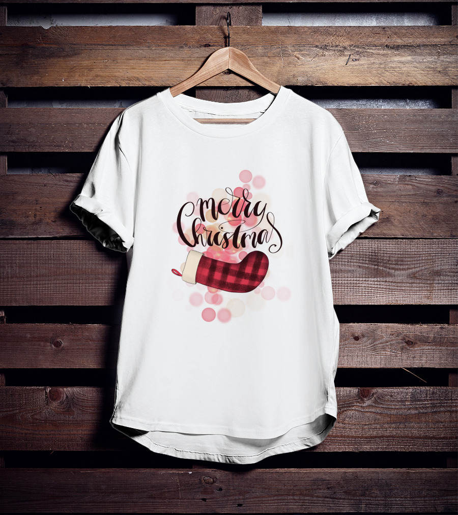 Merry Christmas Plaid Sock Pink Bubbles T-Shirt