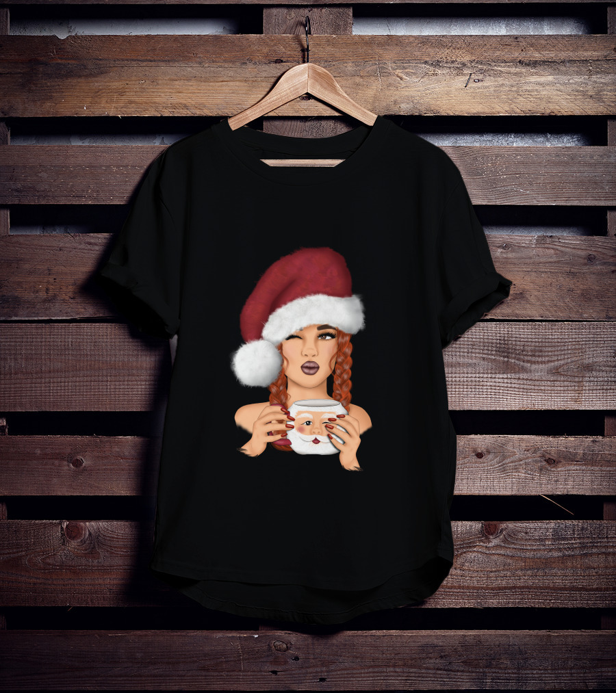 Christmas Red Hair Girl With Santa Hat And Santa Mug T-Shirt