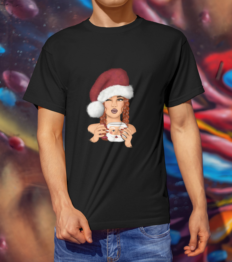 Christmas Red Hair Girl With Santa Hat And Santa Mug T-Shirt