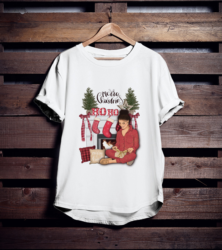 Merry Christmas Ho Ho Ho Girl By Fireplace With Stockings And Christmas Tree Decor T-Shirt