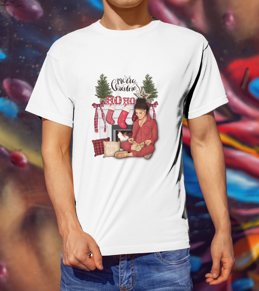 Merry Christmas Ho Ho Ho Girl By Fireplace With Stockings And Christmas Tree Decor T-Shirt