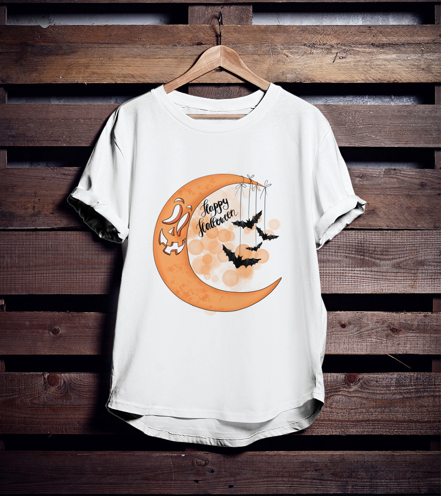 Happy Halloween Moon With Bats And Jack-O'-Lantern Face T-Shirt